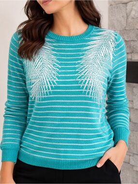 St John Collection Santana Knit Palm Sweater Teal Resort Coastal L